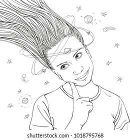 Sketch of dreamer teenage girl portrait with long surreal hair and spin halo of planets and stars around her head, Hand drawn vector illustration