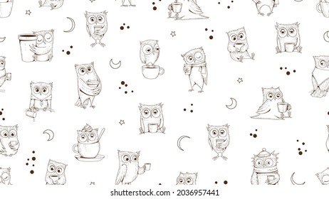 Sketch dreaming owls pattern. Owl with coffee, sleeping tired wild birds vector seamless texture