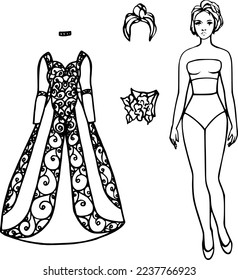 Sketch of a dress with large jewelry pattern, Gothick style. Clothes for a paper doll. Fashion clothes, wig, bouquet, necklace, choker, accessories