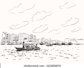 Sketch of Dubai Greek with traditional boat abra - local public transport. Hand drawn vector illustration