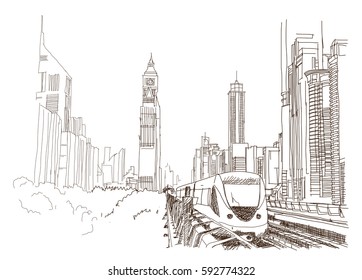 Sketch of Dubai metro with building in vector illustration.