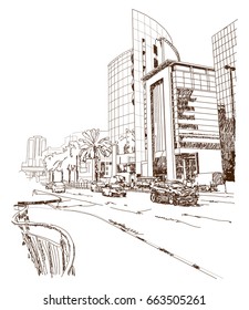 Sketch of Dubai road with building in vector illustration.