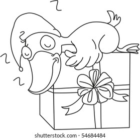 Sketch of A Duck on a Gift Box on white background