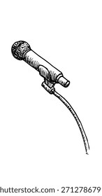 Boceto de un micrófono dinámico en un soporte con un cable. Arte de línea de Antiguas