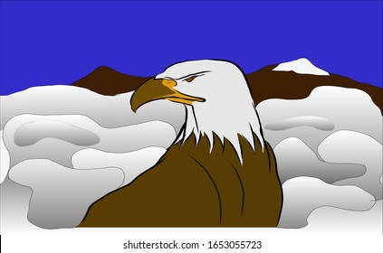 Sketch of an eagle on a background of mountains and white clouds. Suitable for postcard, logo, business card, book