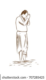 Sketch of Early Morning Prayer People bathe in the river in Varanasi & offer water as an early morning prayer to the Ganges in vector illustration.