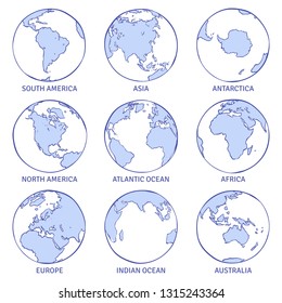 Sketch earth. Map world hand drawn globe, earth circle concept continents contour planet oceans land doodle vector collection