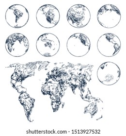 Sketch of earth planet continents. Hand drawn of world map top view. Globe continents. Europe and asia, australia, south and north America or pole, Arctic or Antarctica, oceans. Geography, cartography