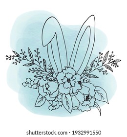 Sketch of an Easter bouquet of flowers and leaves with protruding ears of a bunny. Vector illustration in the style of lineart handdrawn isolates a black line on a white background