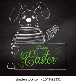 Sketch Easter bunny with a poster on the chalkboard. Vector. Happy easter.