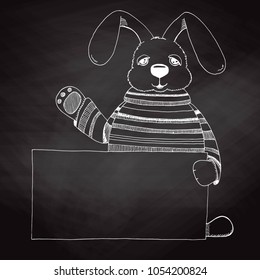 Sketch Easter bunny with a poster on the chalkboard. Vector. Happy easter.