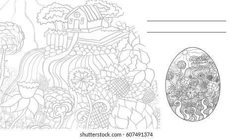 Sketch for Easter with outline of landscape the house in a forest, meadows and flowers, black on white background vector 