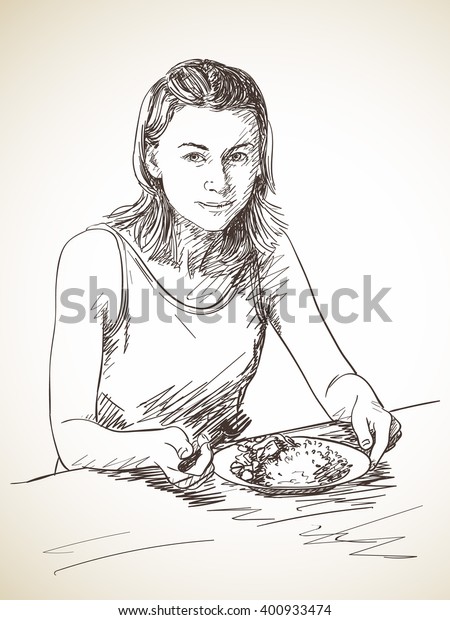 woman eating apple sketch