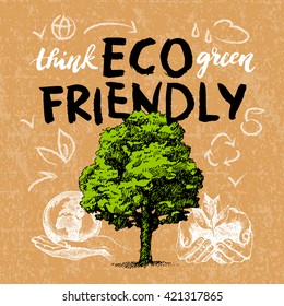Sketch ecology background. Hand drawn vector illustration. Hand lettering poster