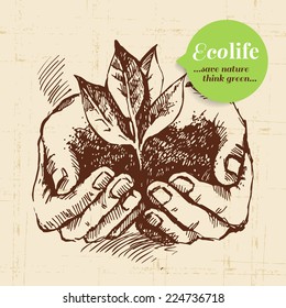 Sketch ecology vintage background. Hand drawn vector illustration