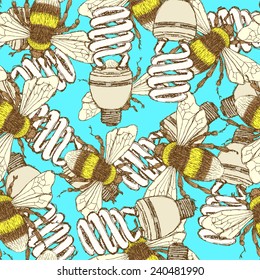 Sketch economic light bulb with bee, vector seamless pattern