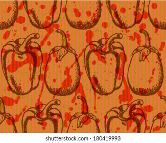 Sketch eggplant and pepper, vector seamless pattern 