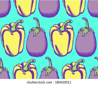 Sketch eggplant and pepper, vector seamless pattern 