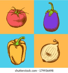Sketch eggplant, tomato, pepper and onion, vector seamless pattern