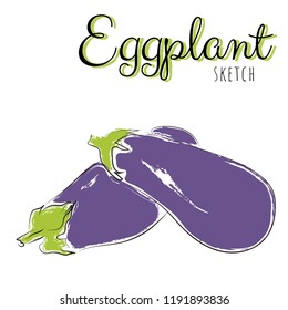 Sketch with eggplants. Vector paint hand drawn composition with eggplants in cartoon style. Isolated on white background.