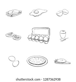 Sketch eggs and dishes from them on a white background. Vector set