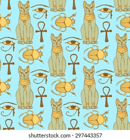 Sketch Egyptian cat, bug, Osiris eye  in vintage style, vector seamless pattern