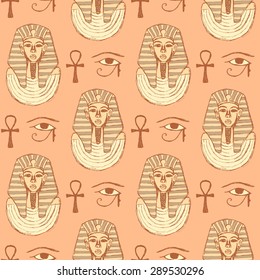 Sketch Egyptian symbols in vintage style, vector seamless pattern