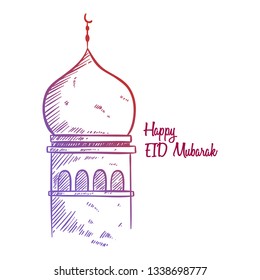 Sketch of EID Mubarak greeting with Mosque illustration