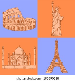 Sketch Eiffel tower, Coliseum,Taj Mahal and Statue of Liberty, vector vintage set 