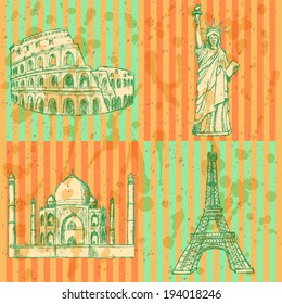 Sketch Eiffel tower, Coliseum,Taj Mahal and Statue of Liberty, vector vintage set 