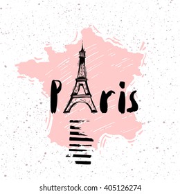 Sketch of the Eiffel Tower on the map of France