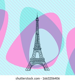 Sketch of Eiffel Tower in Paris, France, on aqua menthe and pink color abstract streamlined shapes on diagonal striped square background. Hand drawn vector illustration