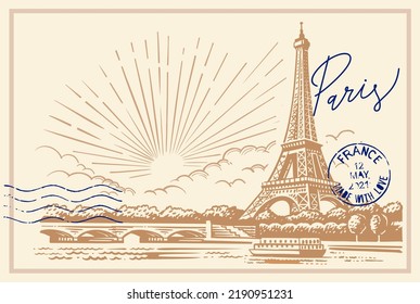 Sketch of Eiffel Tower with post stamp. Romantic symbol in France. Sightseeing landmark.