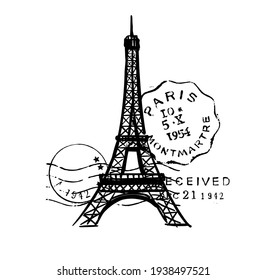 Sketch of Eiffel Tower with post stamps. Romantic symbol in France. Sightseeing landmark.