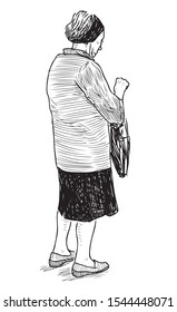 Sketch of elderly city woman staying on street while walking