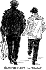 Sketch of elderly couple going shopping