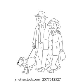 Sketch of elderly couple walking a dog, isolate on white, flat style