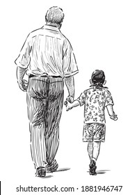 Sketch of elderly man with his grandson walking outdoors