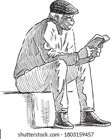 Sketch of elderly man in mask sitting on park bench and reading a book