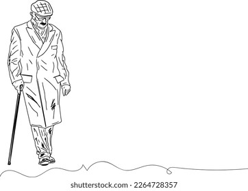 A Sketch of an Elderly Man's Struggle with Depression, Sketch of an Elderly Man Walking Through Depression, Elderly Man Walking in Contemplation, Depression During His Walk