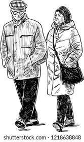 Sketch of an elderly people going for a stroll