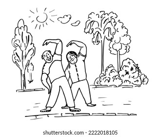 Sketch elderly people play sports in the park