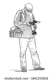 Sketch of elderly professional  fotographer in mask at a work