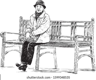 Sketch of elderly townswoman in hat sitting on park bench