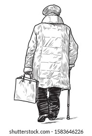 Sketch of elderly townswoman with stick and bag walking along street