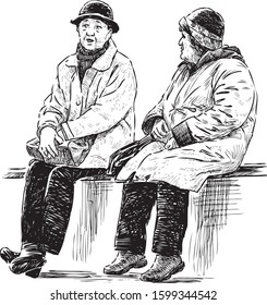 Sketch of elderly townswomen  sitting and talking on park bench