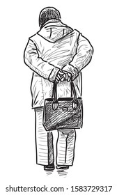 Sketch of elderly woman with bag standing on street