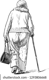 A sketch of an elderly woman going on a walk