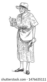 Sketch of an elderly woman in a hat going for a stroll