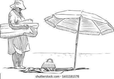 Sketch of elderly woman on a beach vacation by the sea